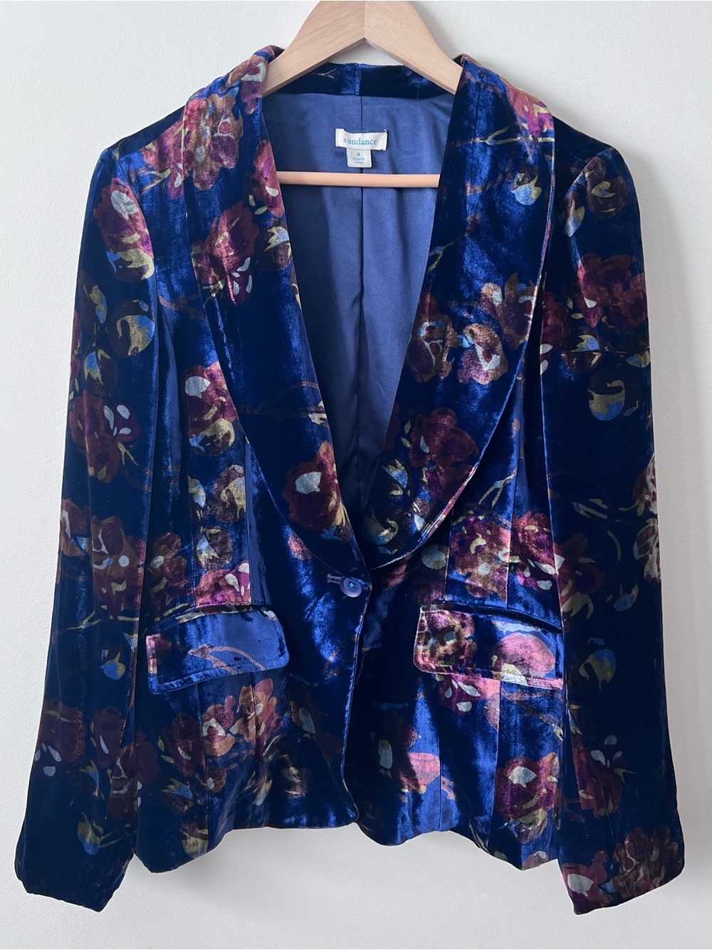 Sundance Rose Garden Floral Navy Velvet Silk Blend Women’s Blazer Size 8 EUC
